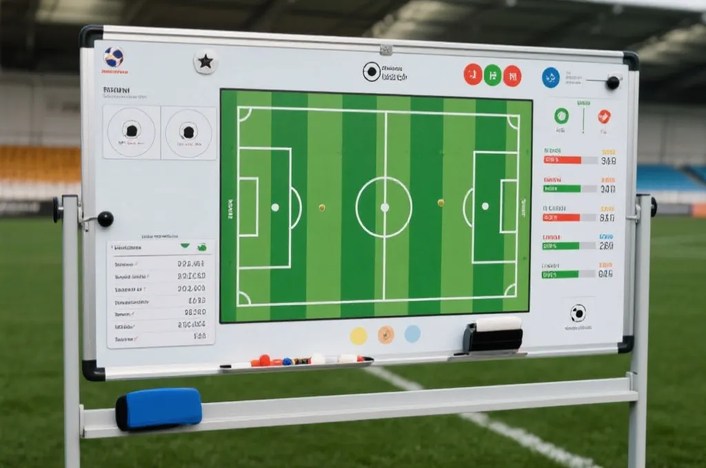 A detailed tactical analysis board with soccer field diagrams and statistics, sports coaching concept