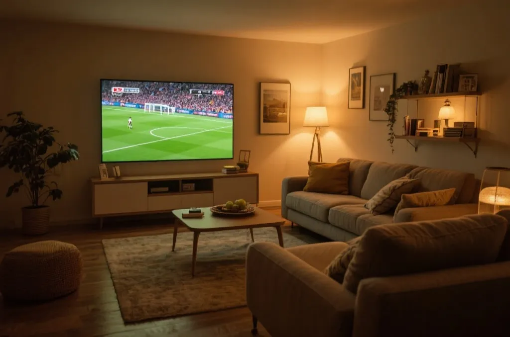 A cozy living room viewing setup, ambient lights, a tablet displaying live football match scores, warm atmosphere