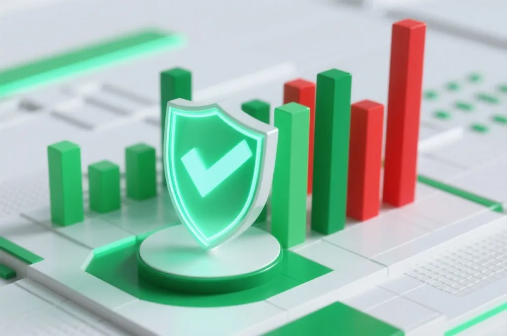 An abstract 3D visualization of risk management showing green and red bar charts and a glowing protective shield icon